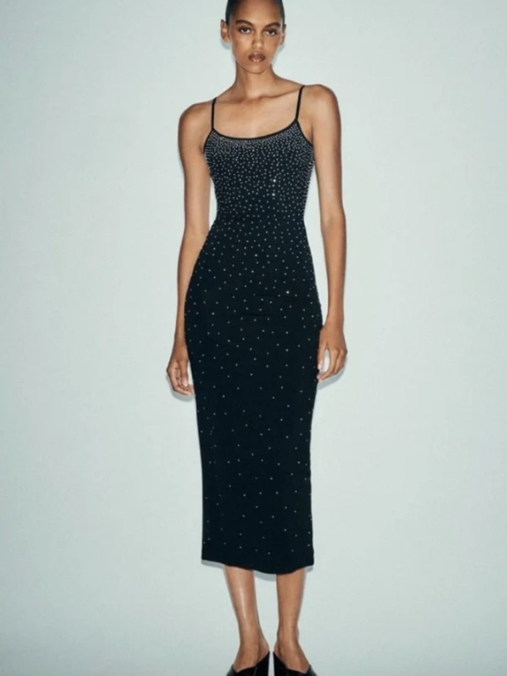 Zara NWT Black Rhinestone Strass Fitted Midi Dress Size M